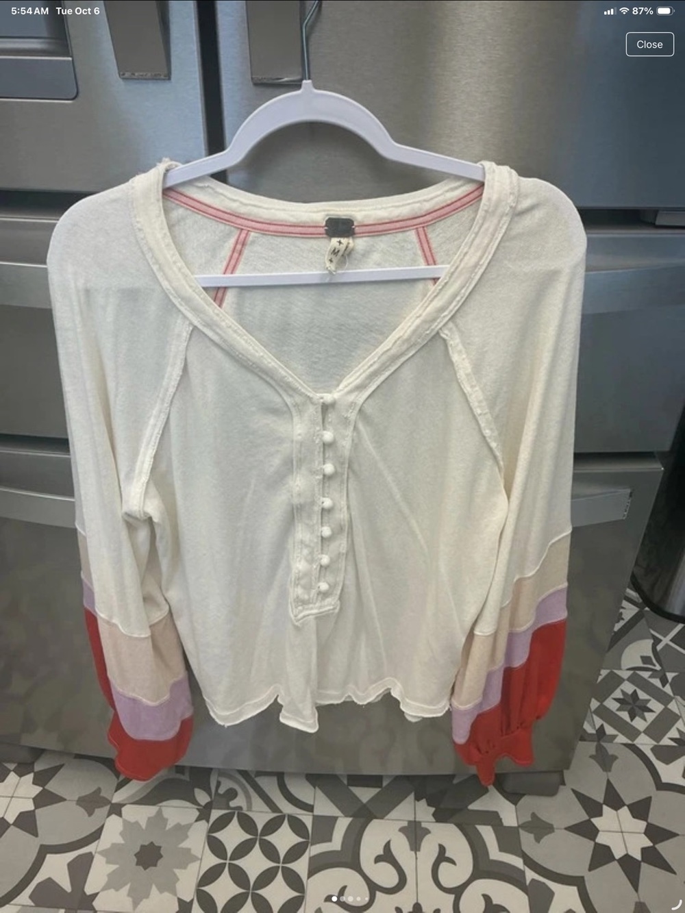 We The Free Ivory Henley Top with Pink, Cream & Red Sleeve Stripes